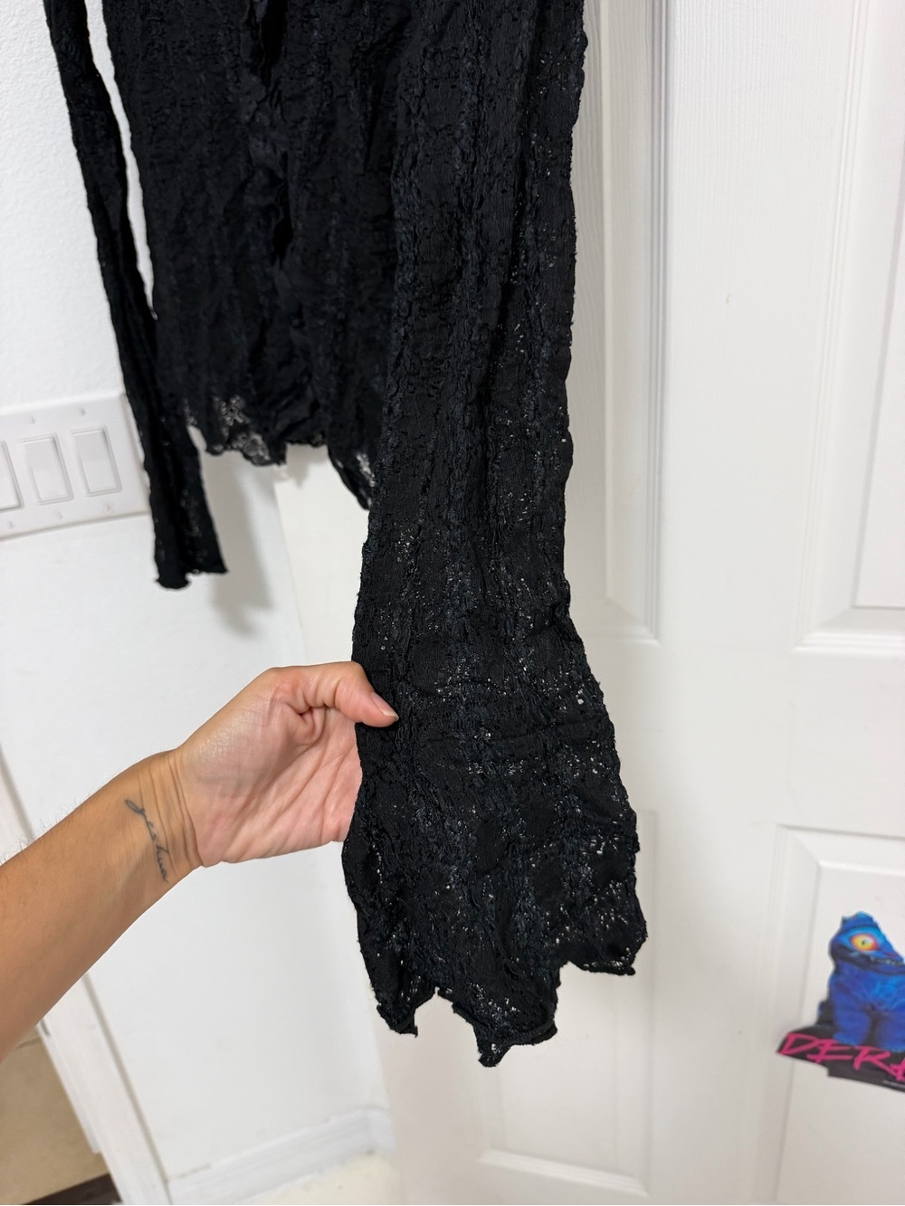 Women's Black Lace Ruffle Button-Front Top - Picture 2 of 7